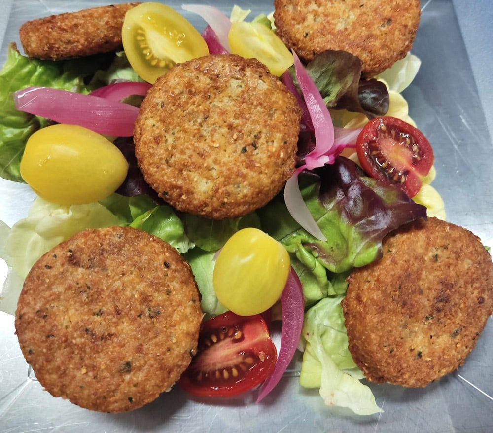 Bunte Gemüseplatte mit goldbraunen Falafeln, roten Zwiebeln und Tomaten auf einem Salatbett.